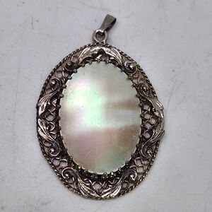 Antique Mother of Pearl Shell Pendant Ornate Silver Tone Filigree Victorian Vtg